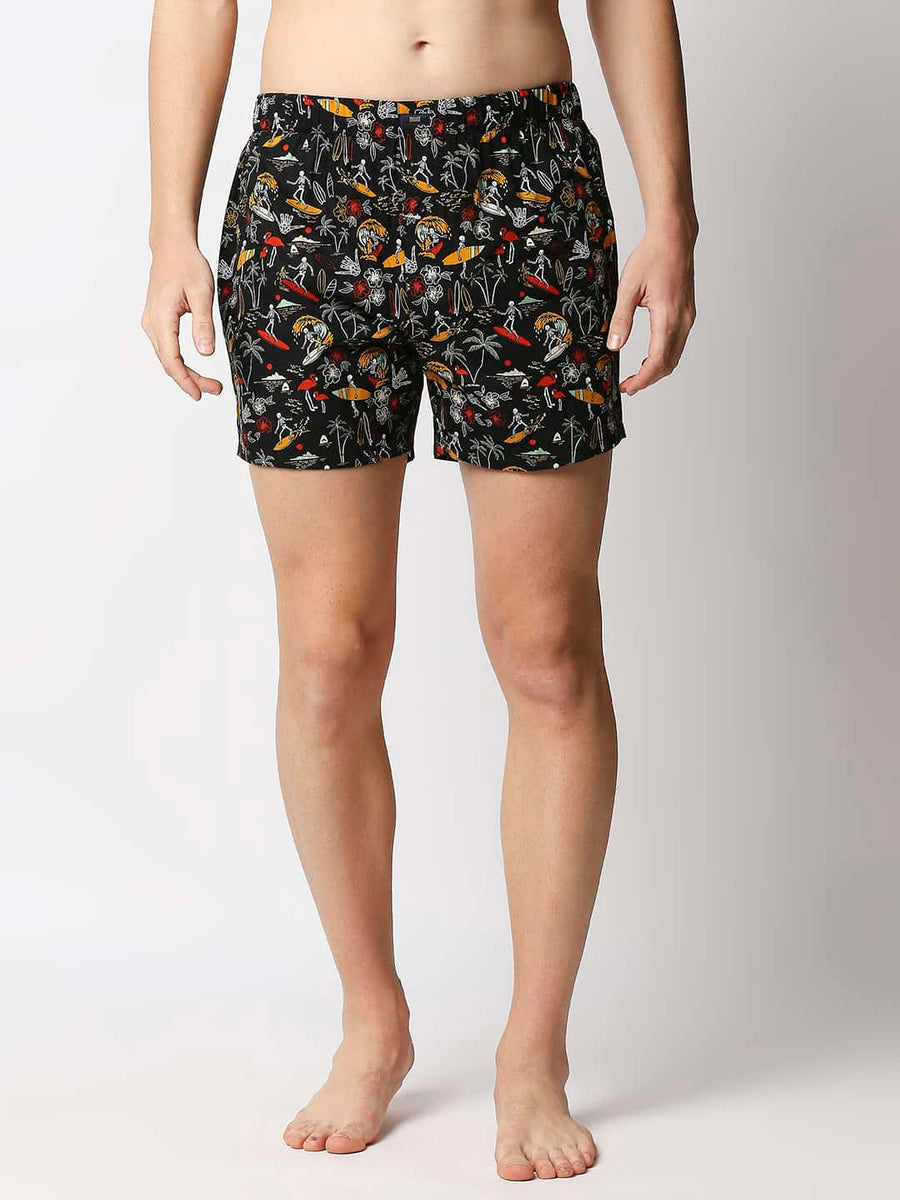 BASICS RAVEN BLACK PRINTED PURE COTTON BOXERS