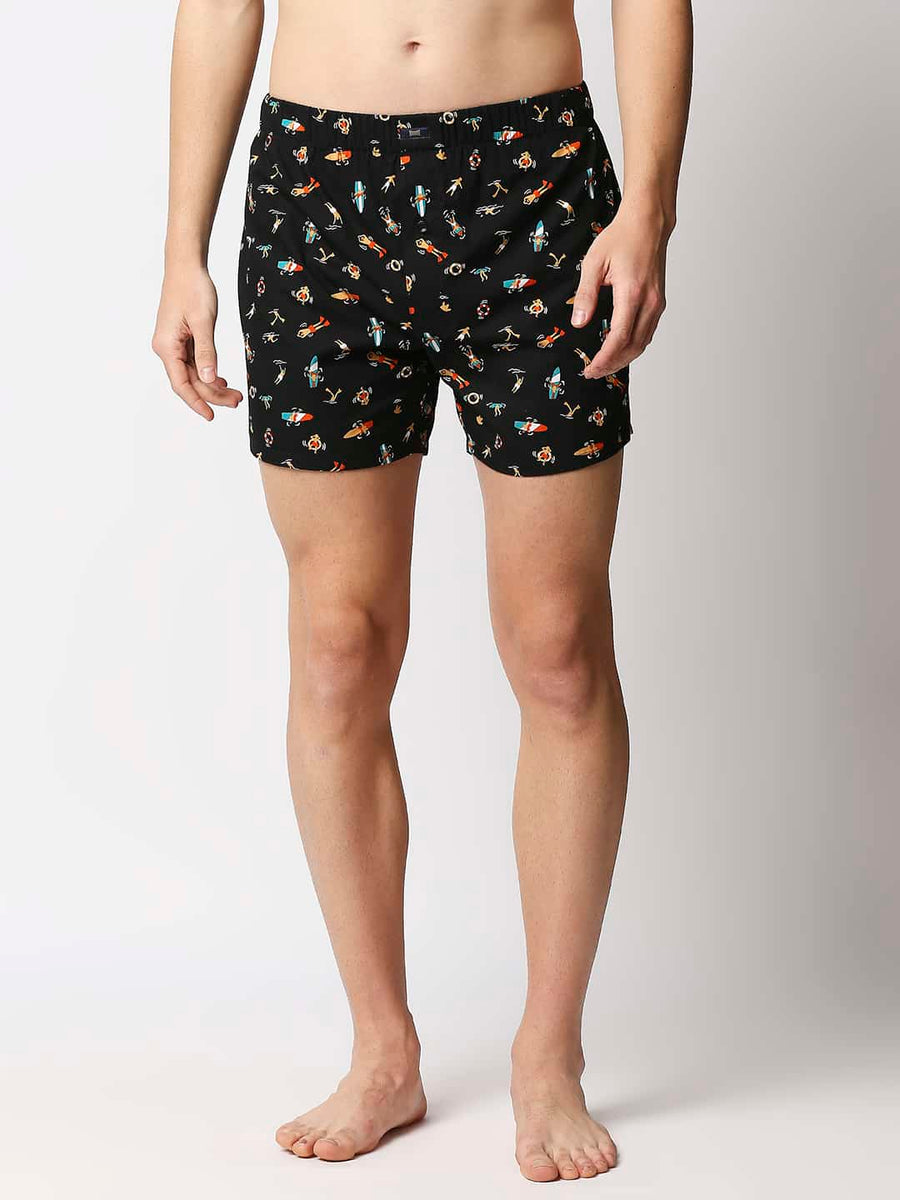 BASICS CAVIAR BLACK PRINTED PURE COTTON BOXERS