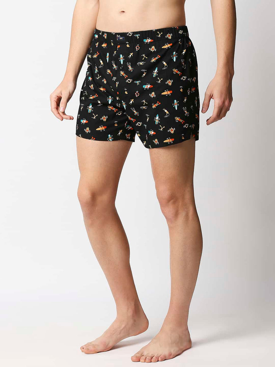 BASICS CAVIAR BLACK PRINTED PURE COTTON BOXERS