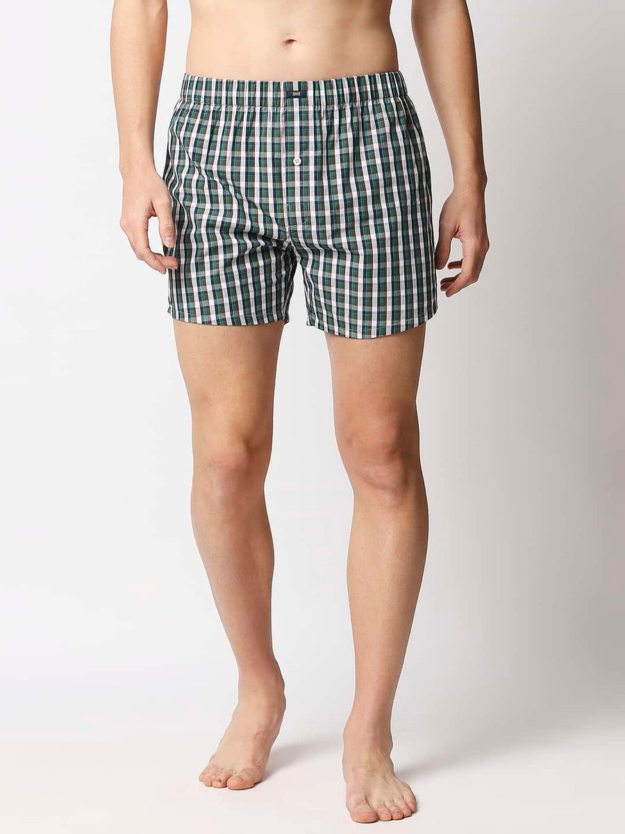 BASICS AVENTURINE GREEN CHECKED PURE COTTON BOXERS