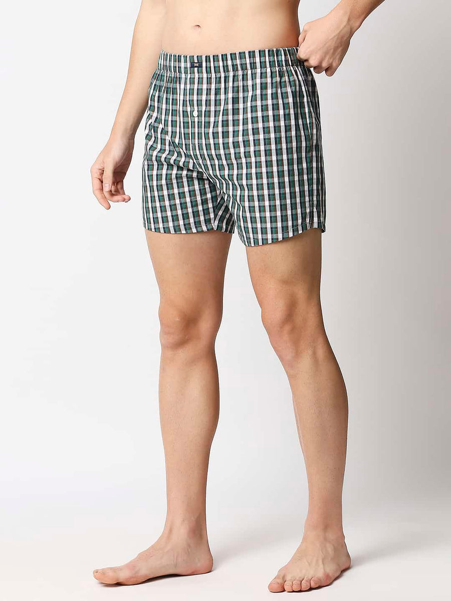 BASICS AVENTURINE GREEN CHECKED PURE COTTON BOXERS