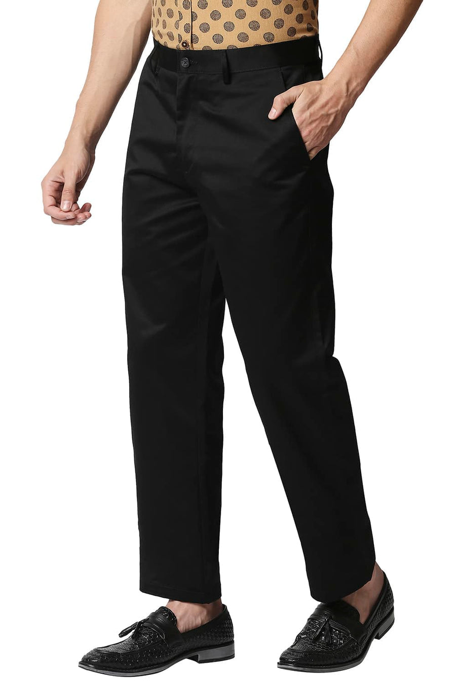 BASICS COMFORT FIT BLACK SATIN WEAVE POLY COTTON TROUSERS