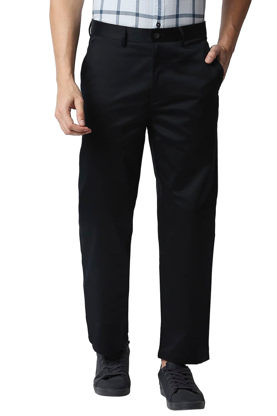 BASICS COMFORT FIT NAVY SATIN WEAVE POLY COTTON TROUSERS