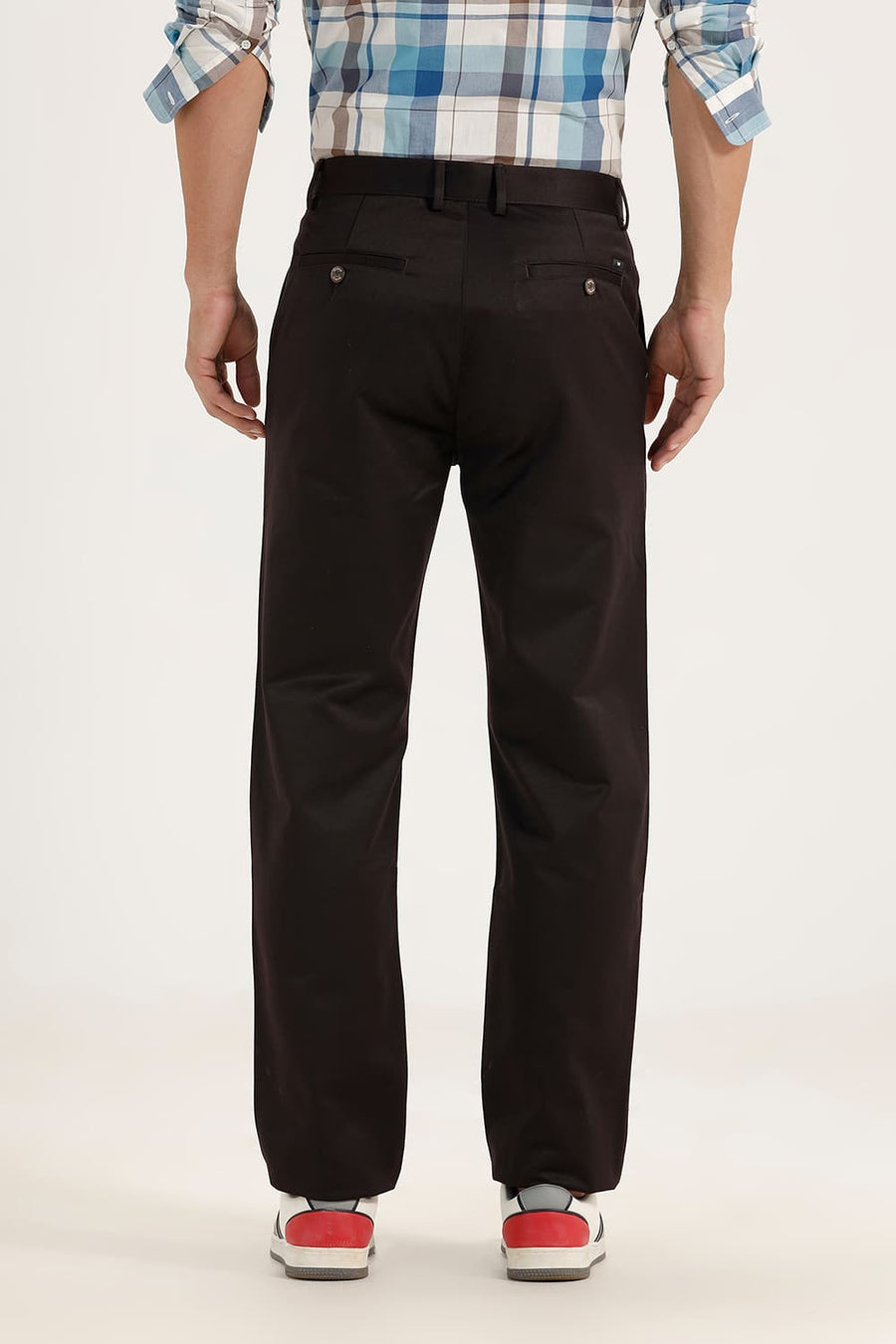 BASICS COMFORT FIT COFFEE SATIN WEAVE POLY COTTON TROUSERS