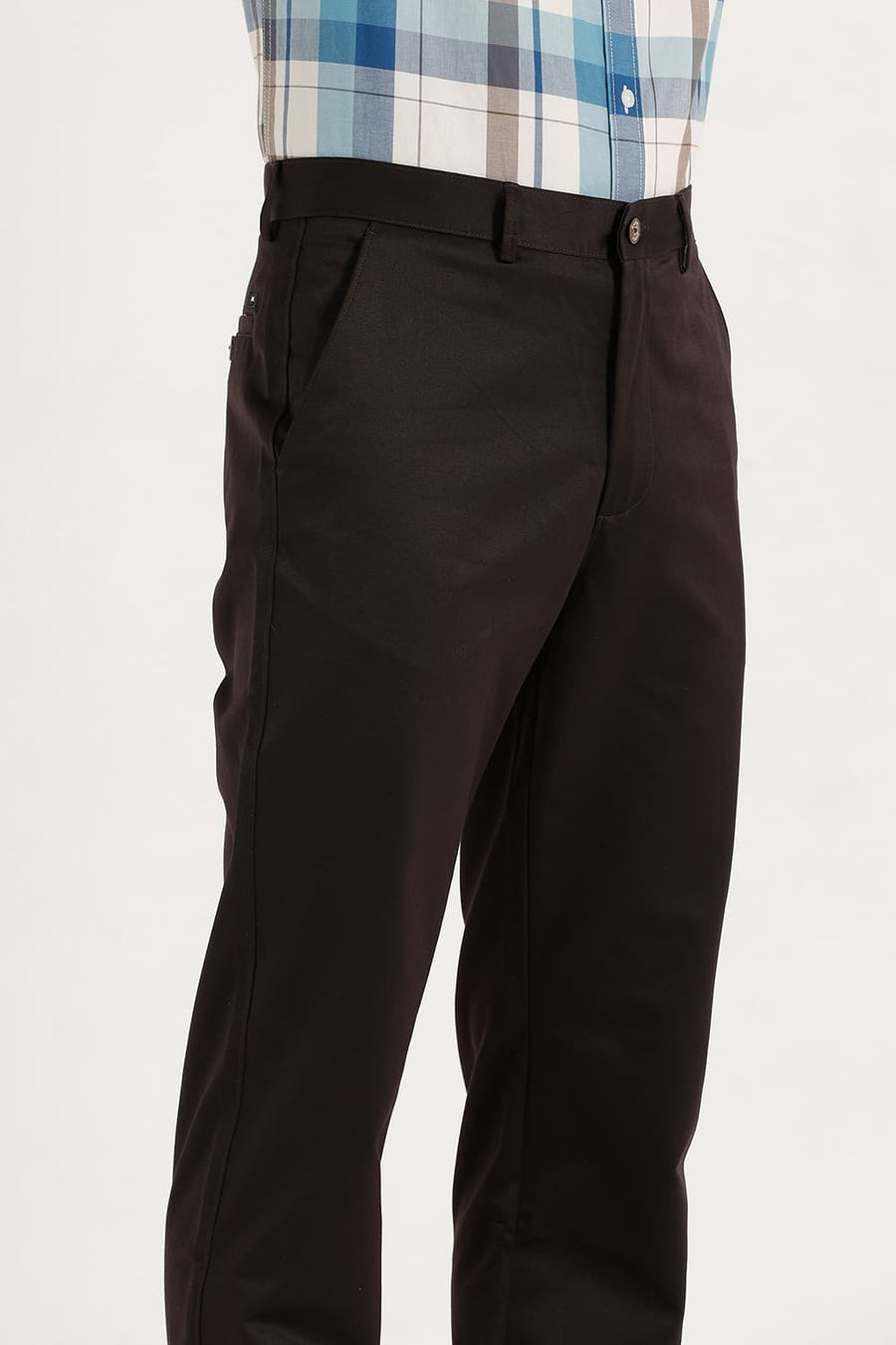 BASICS COMFORT FIT COFFEE SATIN WEAVE POLY COTTON TROUSERS