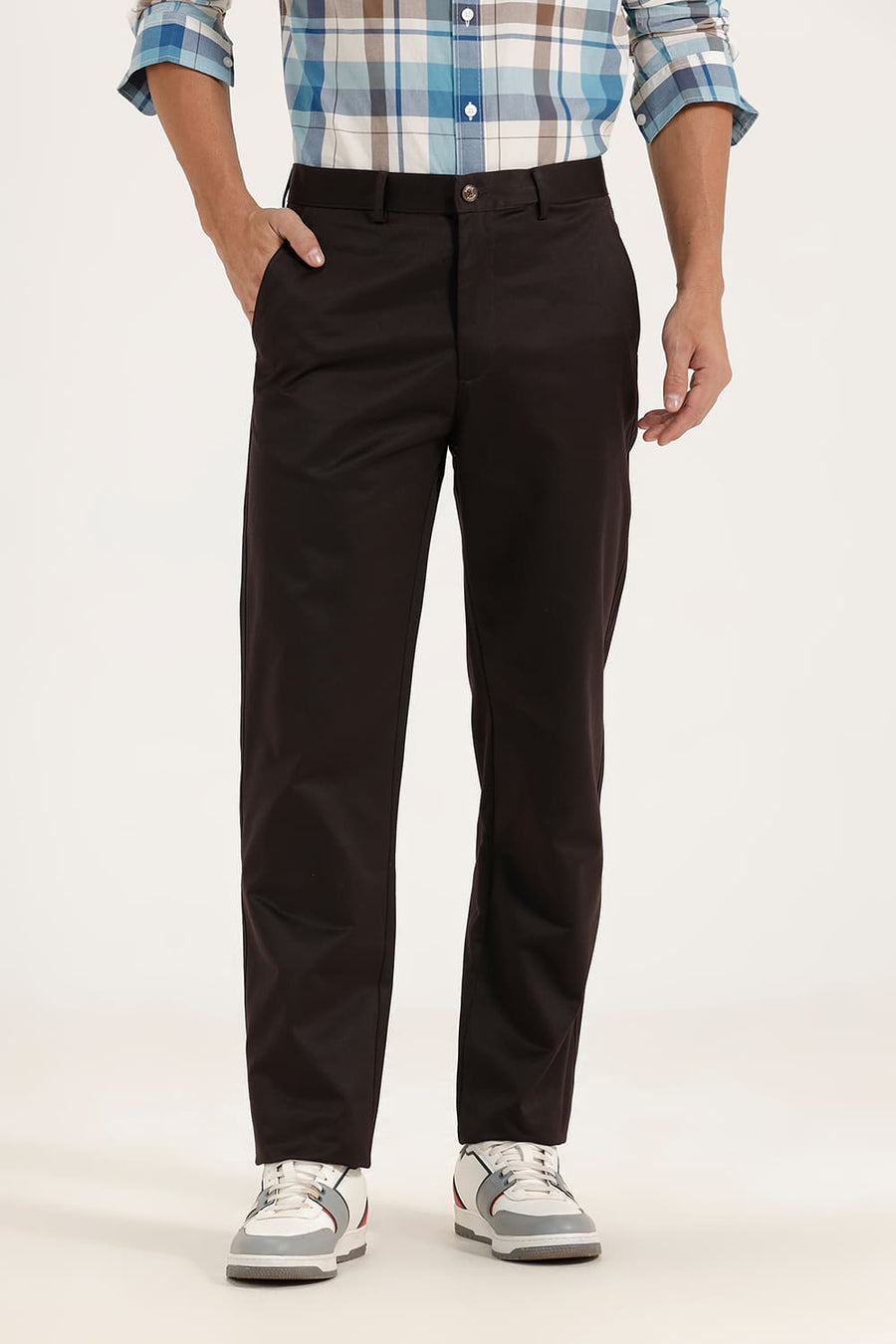 BASICS COMFORT FIT COFFEE SATIN WEAVE POLY COTTON TROUSERS