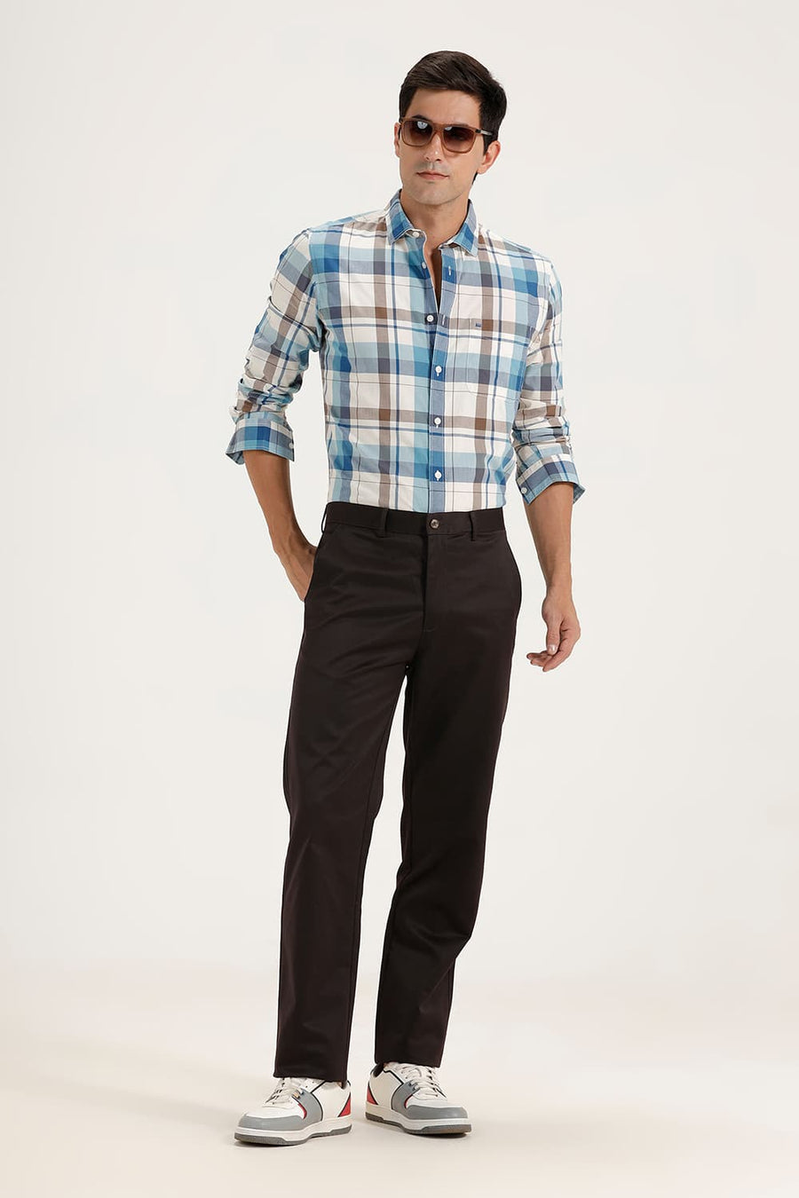 BASICS COMFORT FIT COFFEE SATIN WEAVE POLY COTTON TROUSERS