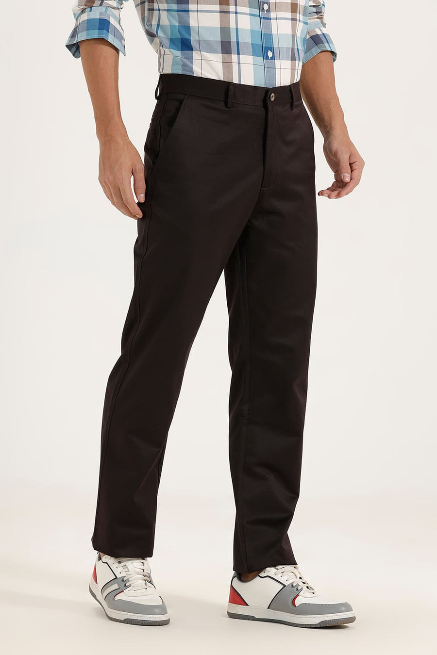 BASICS COMFORT FIT COFFEE SATIN WEAVE POLY COTTON TROUSERS
