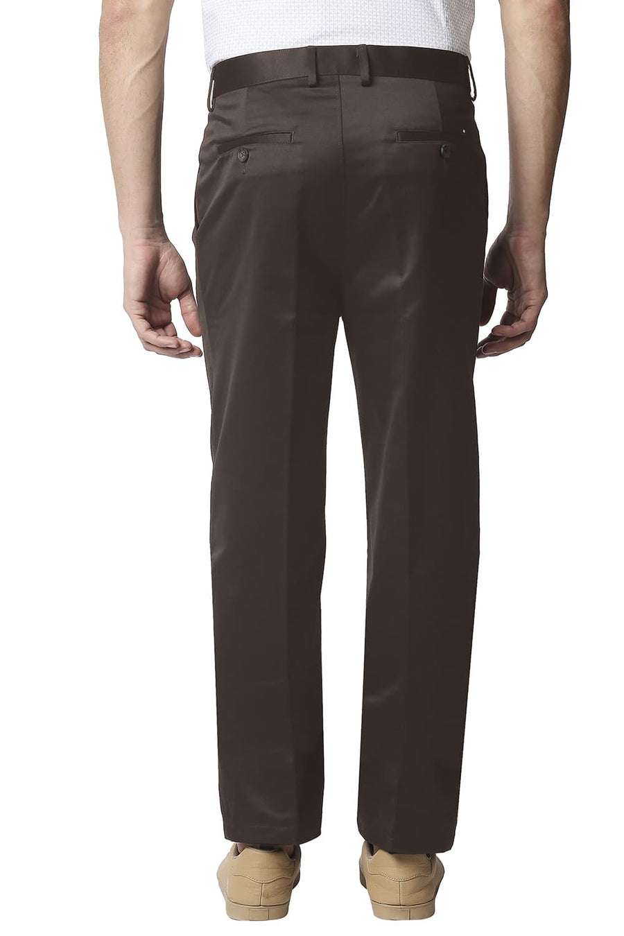 BASICS COMFORT FIT MID BROWN SATIN WEAVE POLY COTTON TROUSERS