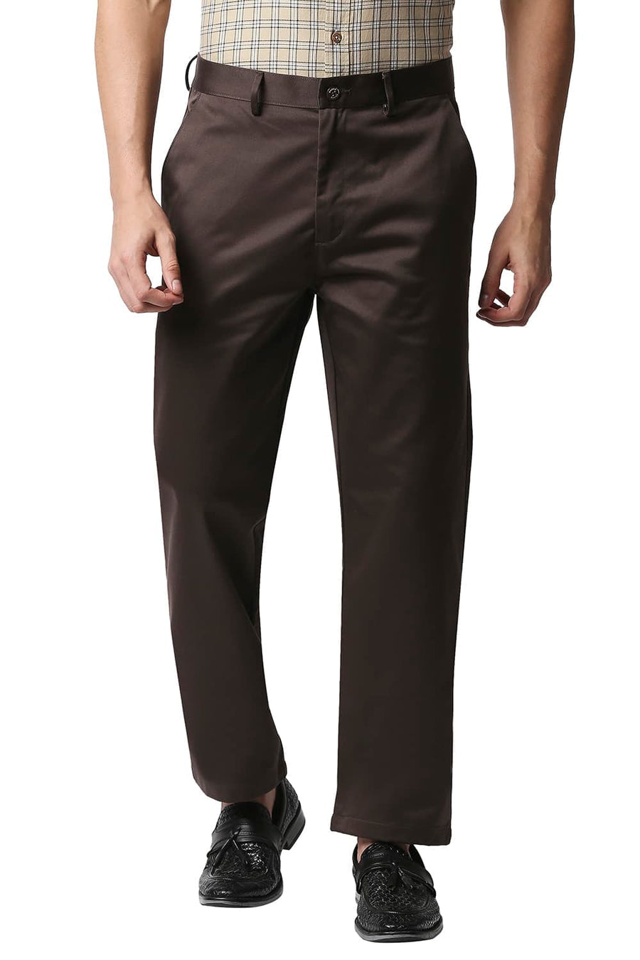 BASICS COMFORT FIT MID BROWN SATIN WEAVE POLY COTTON TROUSERS