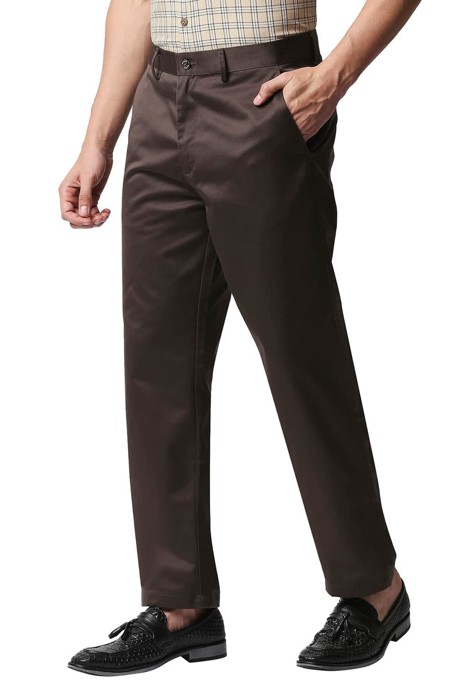 BASICS COMFORT FIT MID BROWN SATIN WEAVE POLY COTTON TROUSERS