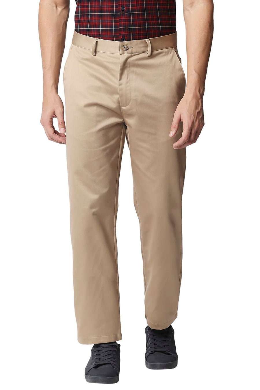 BASICS COMFORT FIT KHAKI SATIN WEAVE POLY COTTON TROUSERS