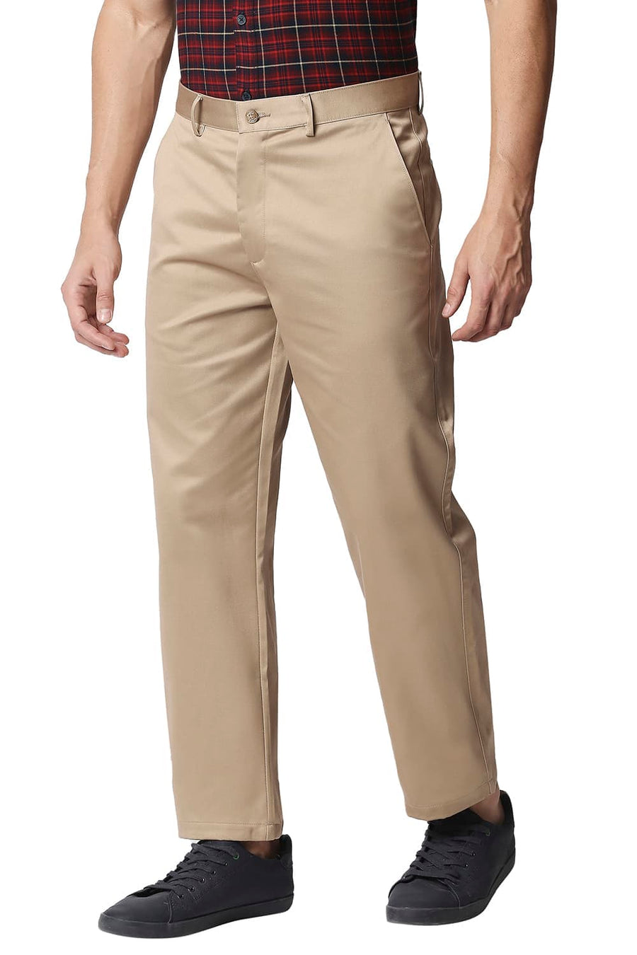BASICS COMFORT FIT KHAKI SATIN WEAVE POLY COTTON TROUSERS