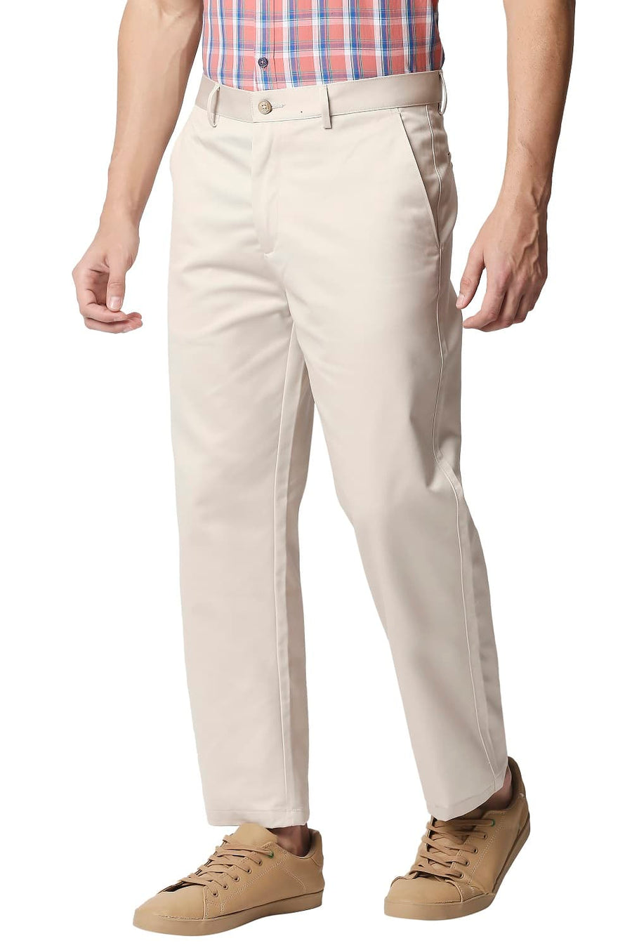 BASICS COMFORT FIT ECRU SATIN WEAVE POLY COTTON TROUSERS