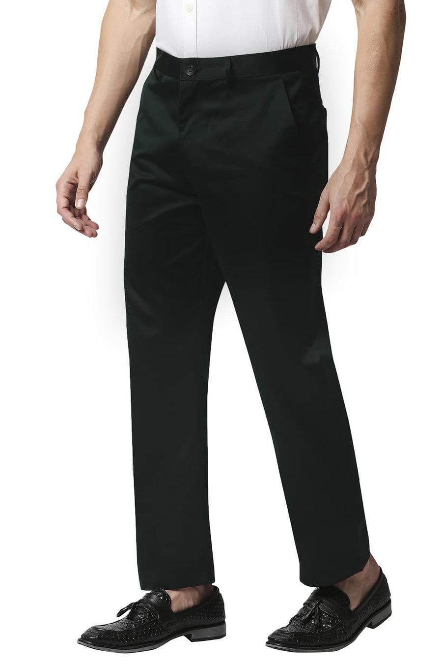 BASICS COMFORT FIT DARK GREEN SATIN WEAVE POLY COTTON TROUSERS