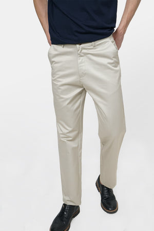Basics Comfort Fit Light Grey Satin Weave Poly Cotton Trousers for Men