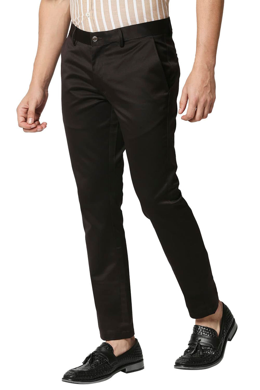 BASICS TAPERED FIT COFFEE SATIN TROUSERS