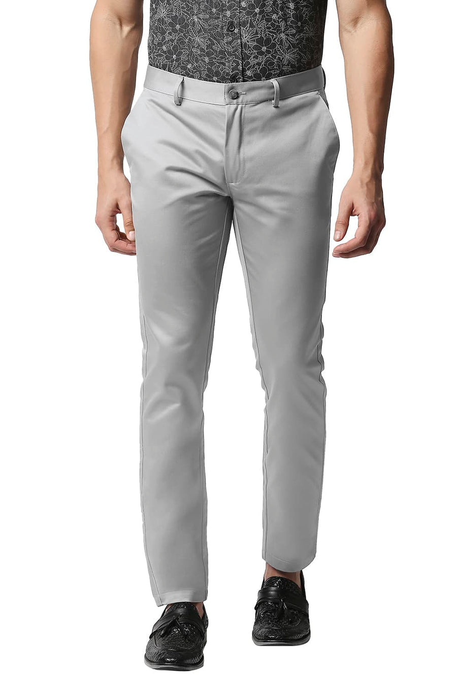 BASICS TAPERED FIT GREY SATIN TROUSERS