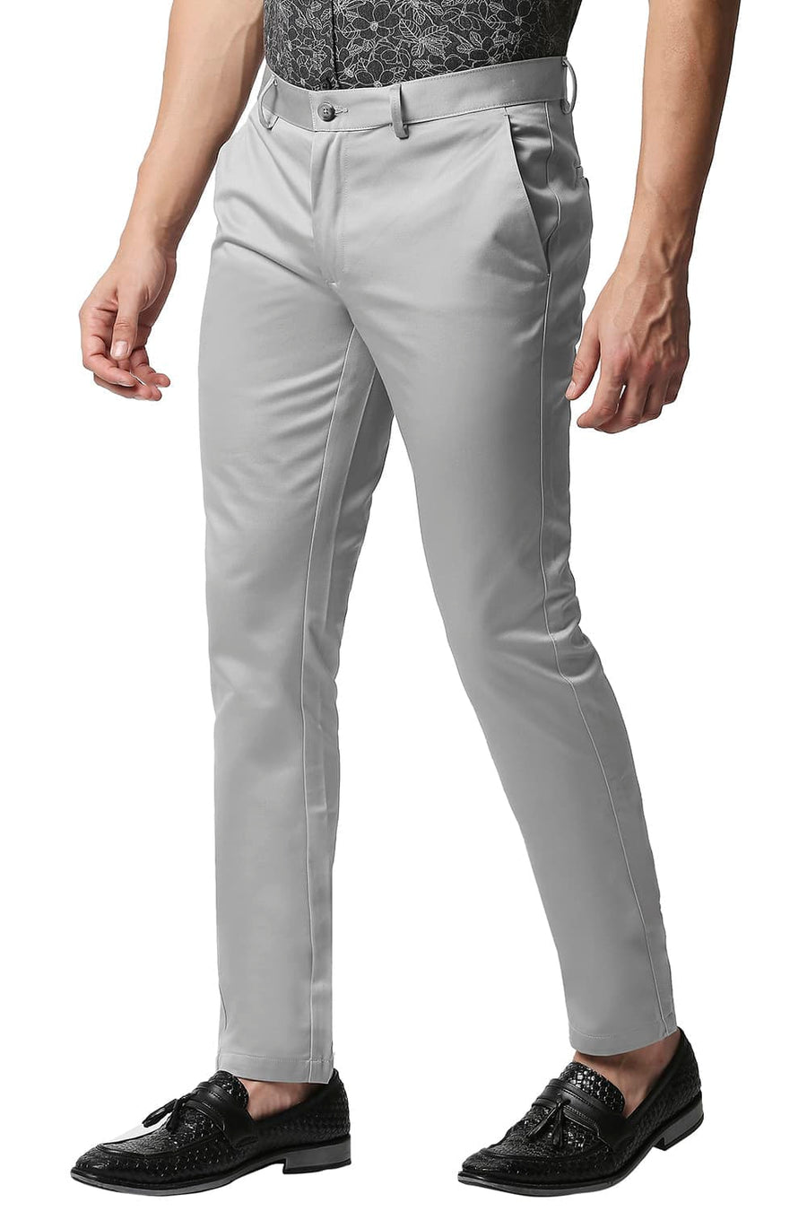 BASICS TAPERED FIT GREY SATIN TROUSERS