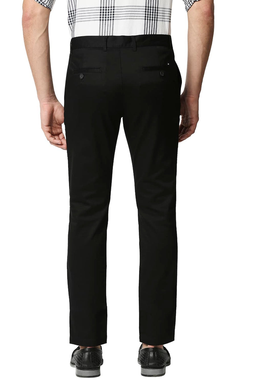 BASICS TAPERED FIT PHANTHOM BLACK SATIN STRETCH TROUSERS