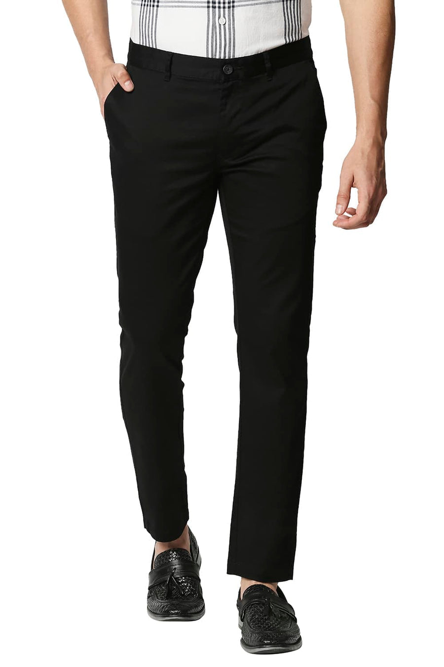 BASICS TAPERED FIT PHANTHOM BLACK SATIN STRETCH TROUSERS