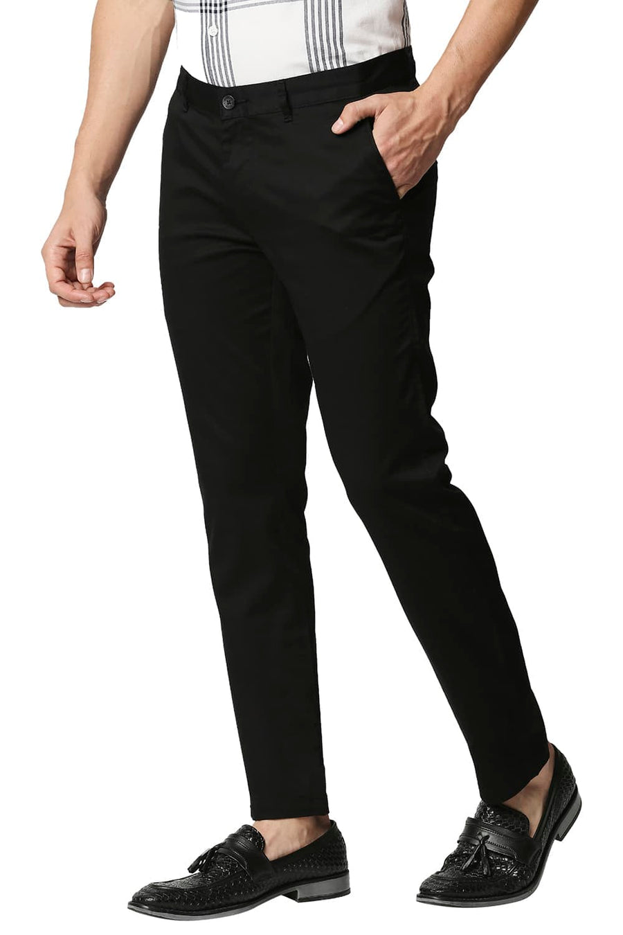 BASICS TAPERED FIT PHANTHOM BLACK SATIN STRETCH TROUSERS