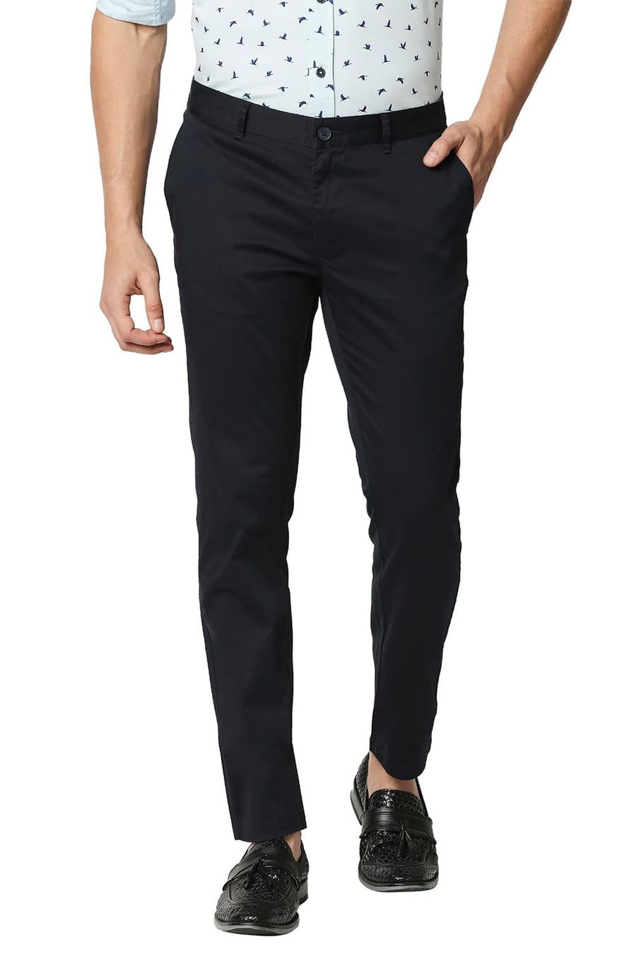 BASICS TAPERED FIT ANTHRACITE NAVY SATIN STRETCH TROUSERS