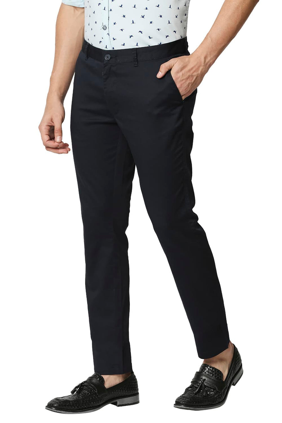 BASICS TAPERED FIT ANTHRACITE NAVY SATIN STRETCH TROUSERS