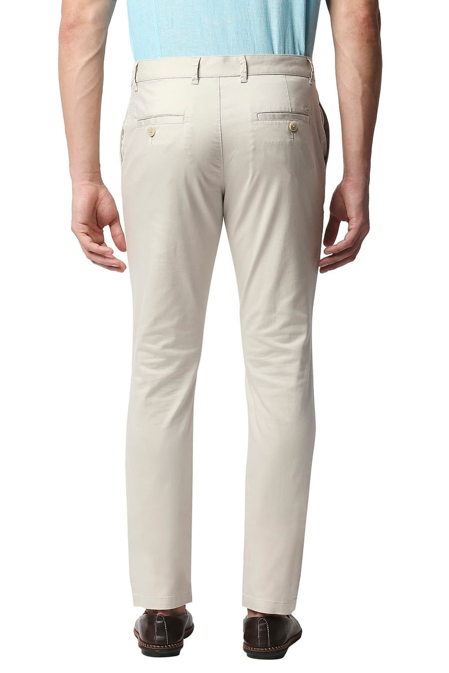 BASICS TAPERED FIT TURTLEDOVE ECRU SATIN STRETCH TROUSERS
