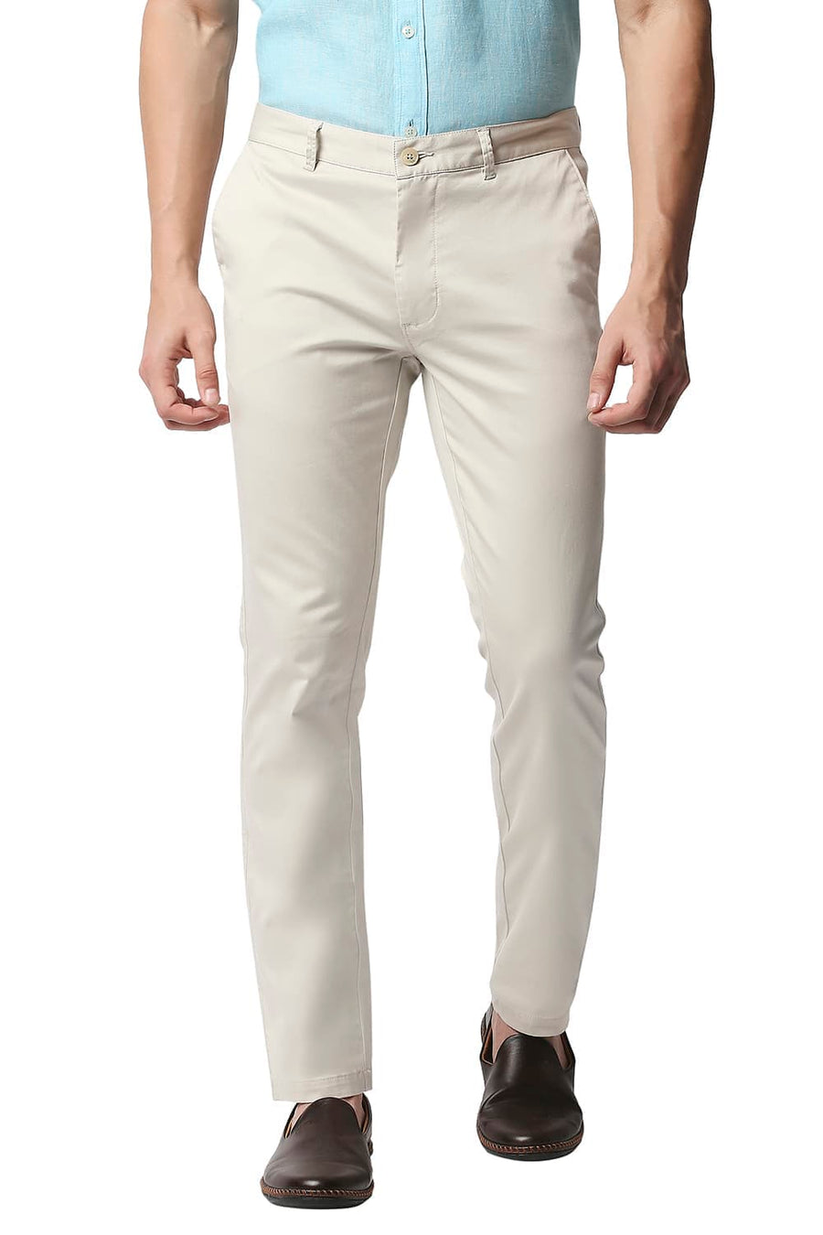 BASICS TAPERED FIT TURTLEDOVE ECRU SATIN STRETCH TROUSERS