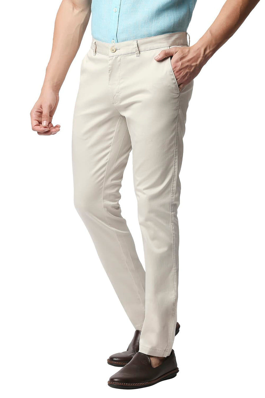 BASICS TAPERED FIT TURTLEDOVE ECRU SATIN STRETCH TROUSERS