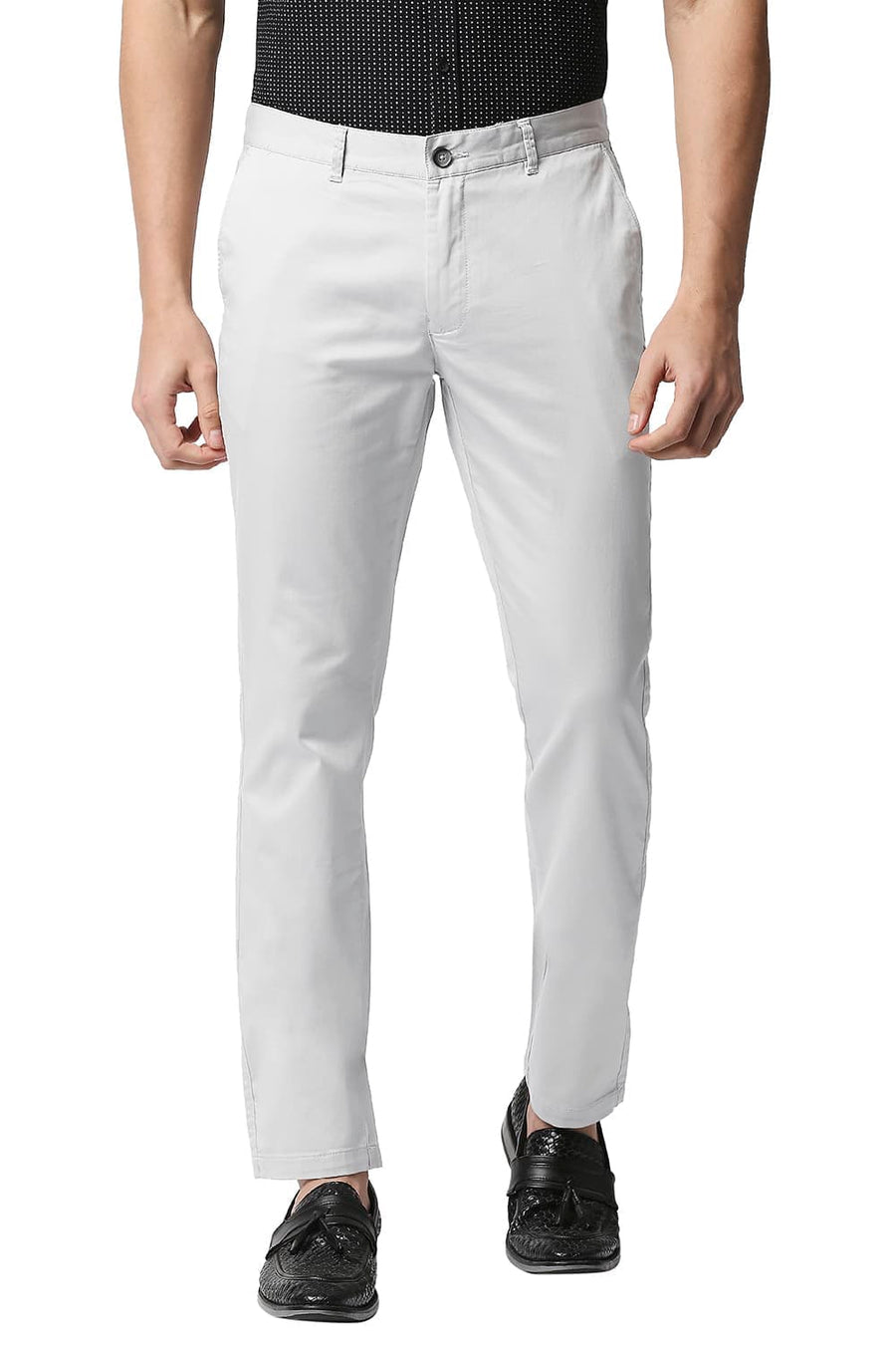 BASICS TAPERED FIT ANTARCTICA GREY SATIN STRETCH TROUSERS