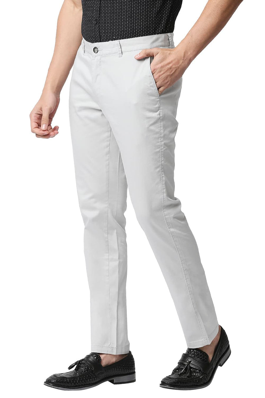 BASICS TAPERED FIT ANTARCTICA GREY SATIN STRETCH TROUSERS