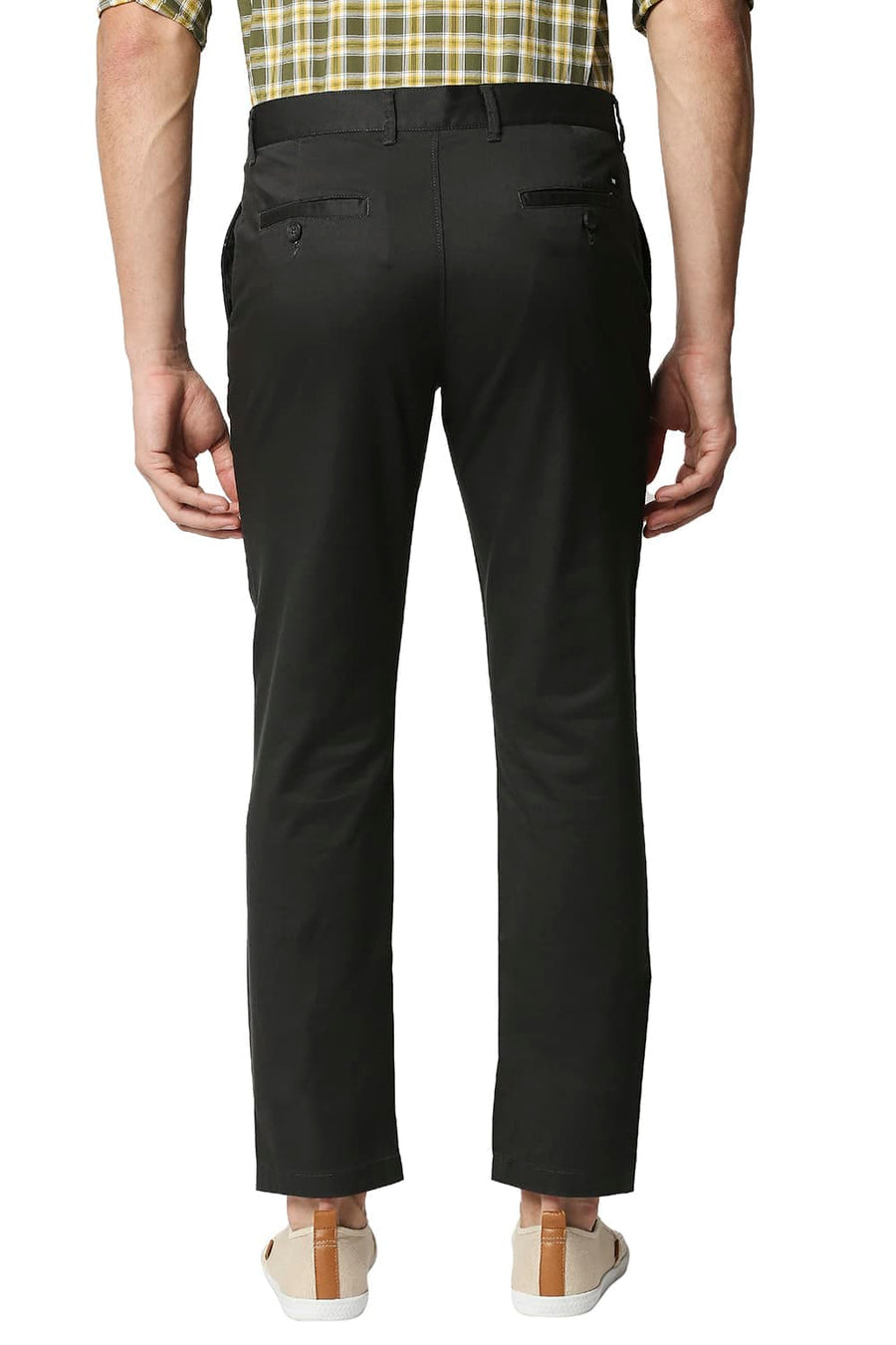 BASICS TAPERED FIT EBONY GREY SATIN STRETCH TROUSERS