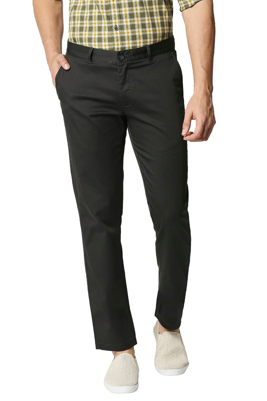 BASICS TAPERED FIT EBONY GREY SATIN STRETCH TROUSERS