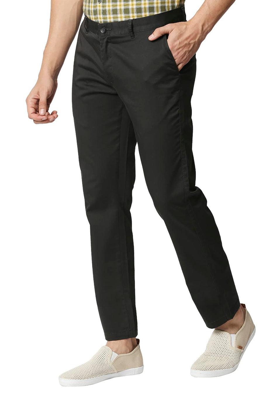BASICS TAPERED FIT EBONY GREY SATIN STRETCH TROUSERS