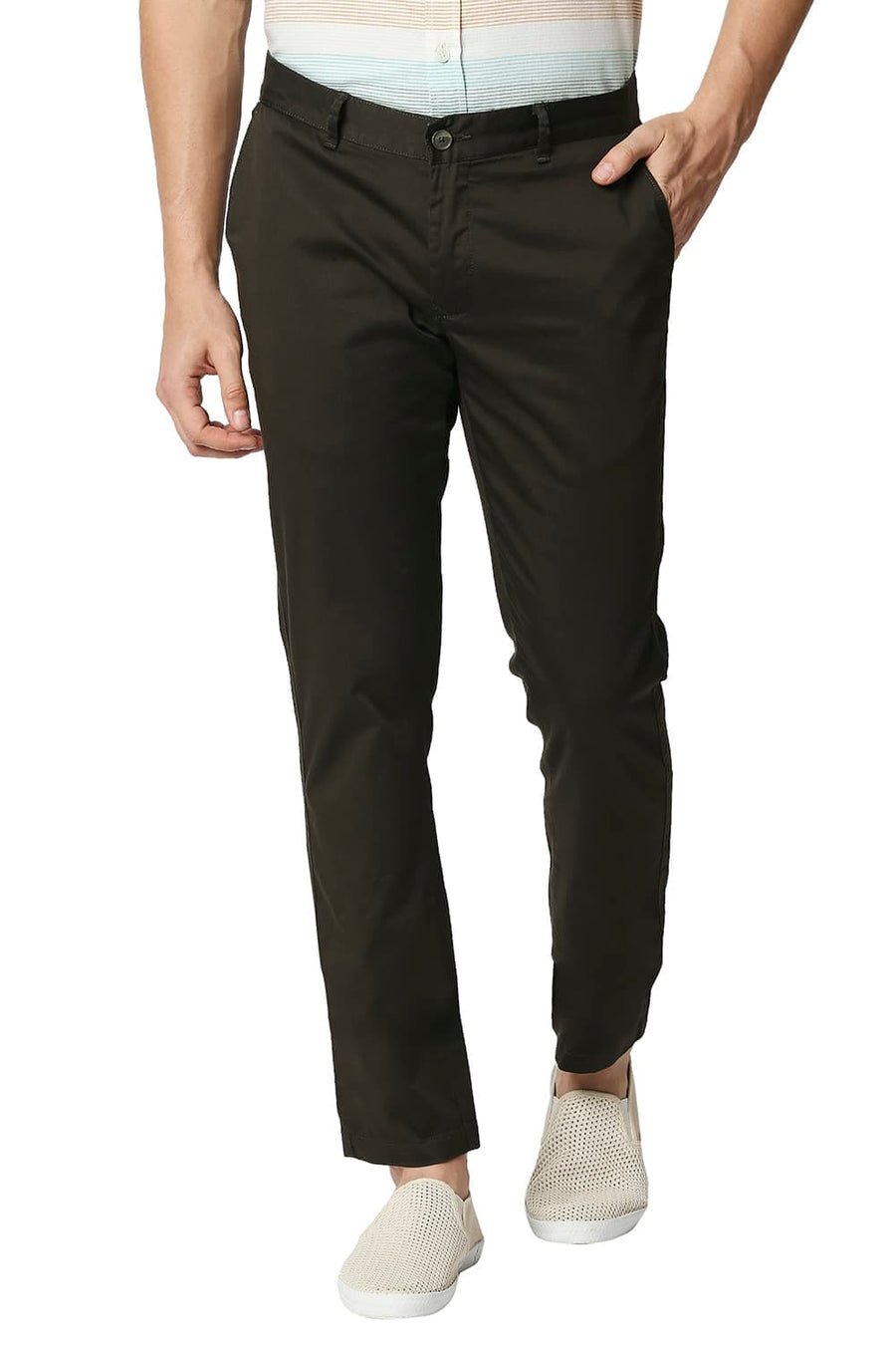 BASICS TAPERED FIT FOREST GREEN SATIN STRETCH TROUSERS