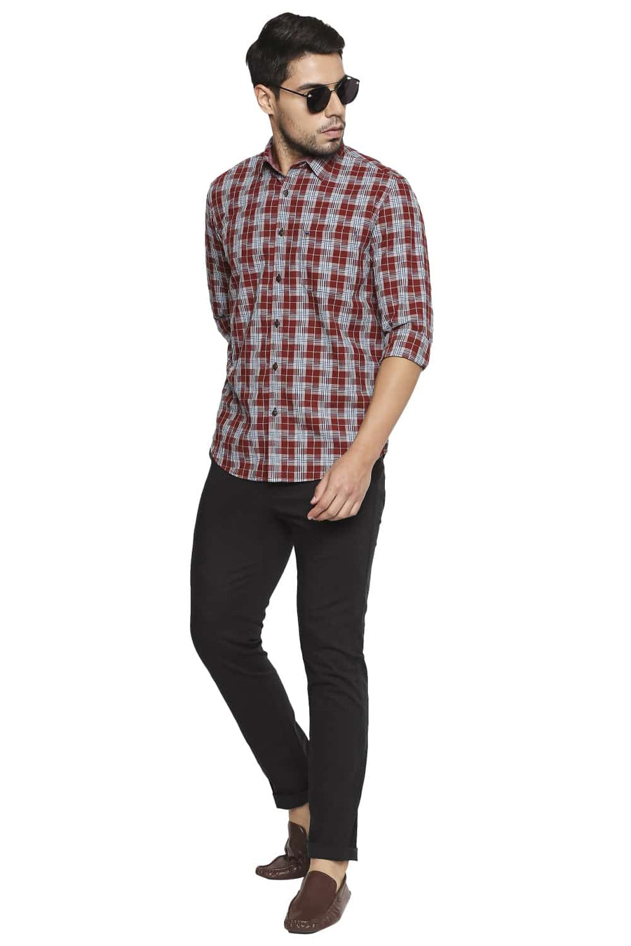 BASICS SLIM FIT ROSEWOOD MAROON CHECKS SHIRT