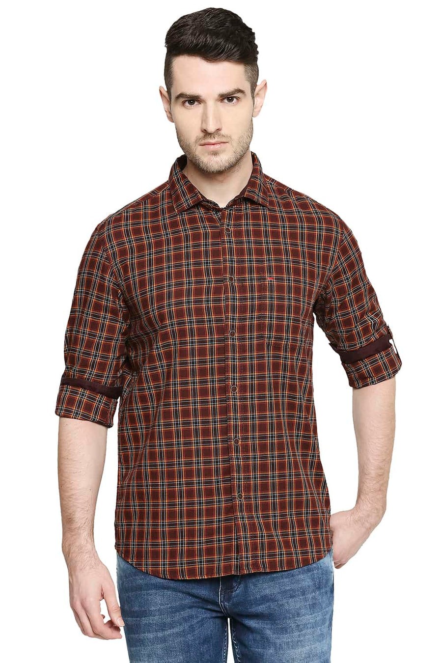 BASICS SLIM FIT FRENCH ROAST BROWN CHECKS SHIRT