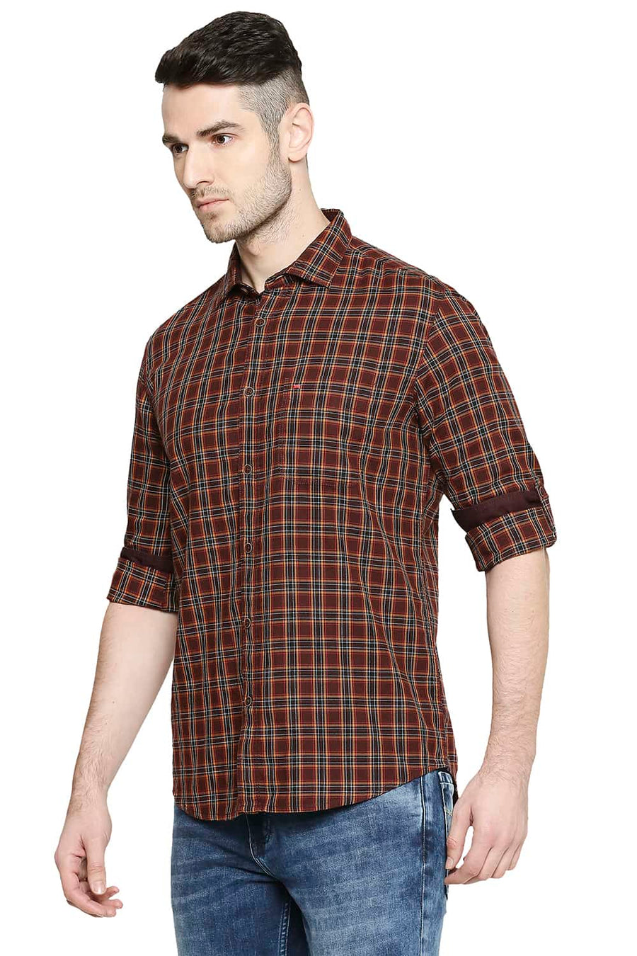 BASICS SLIM FIT FRENCH ROAST BROWN CHECKS SHIRT