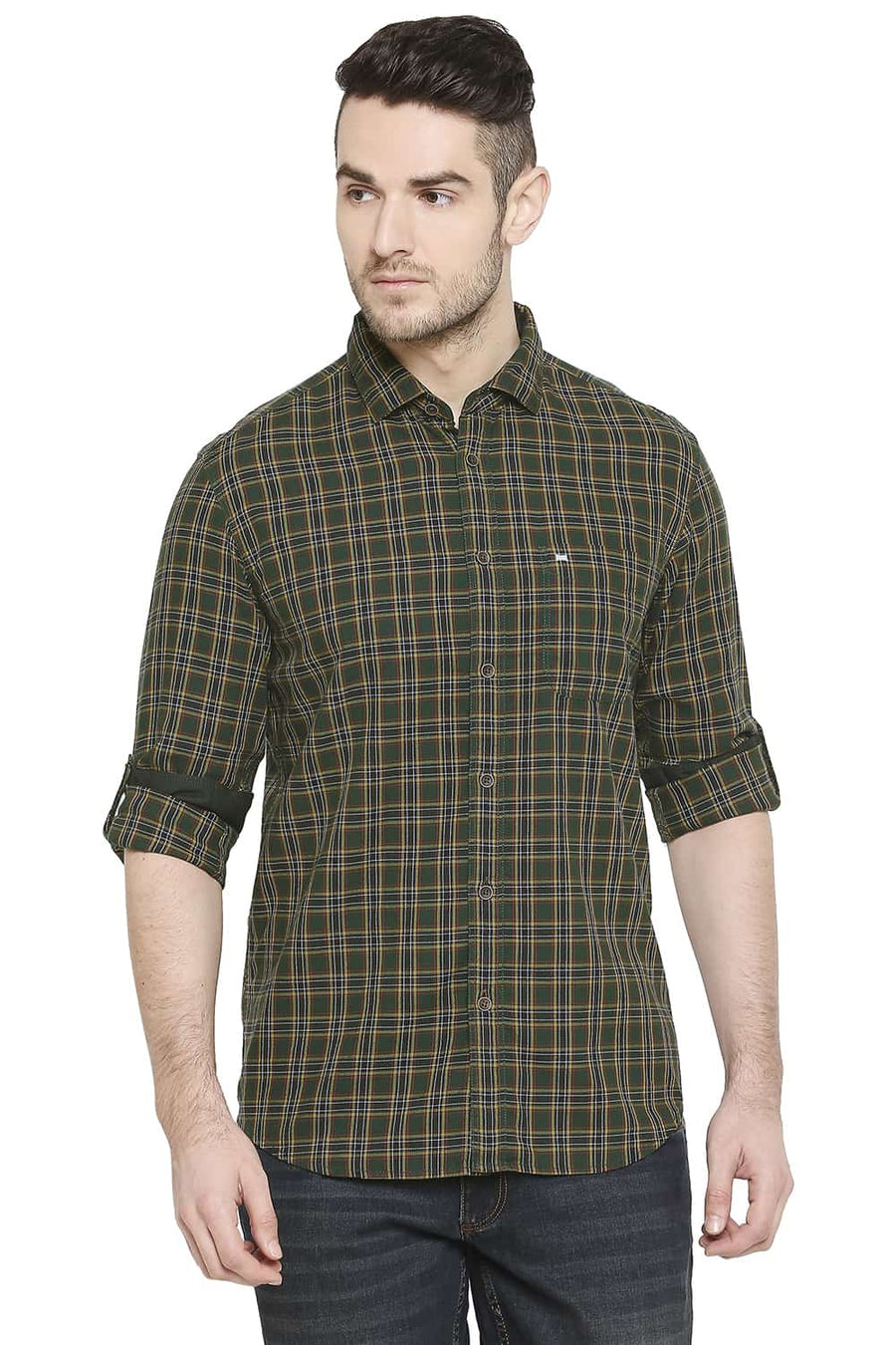 BASICS SLIM FIT PINE GREEN CHECKS SHIRT