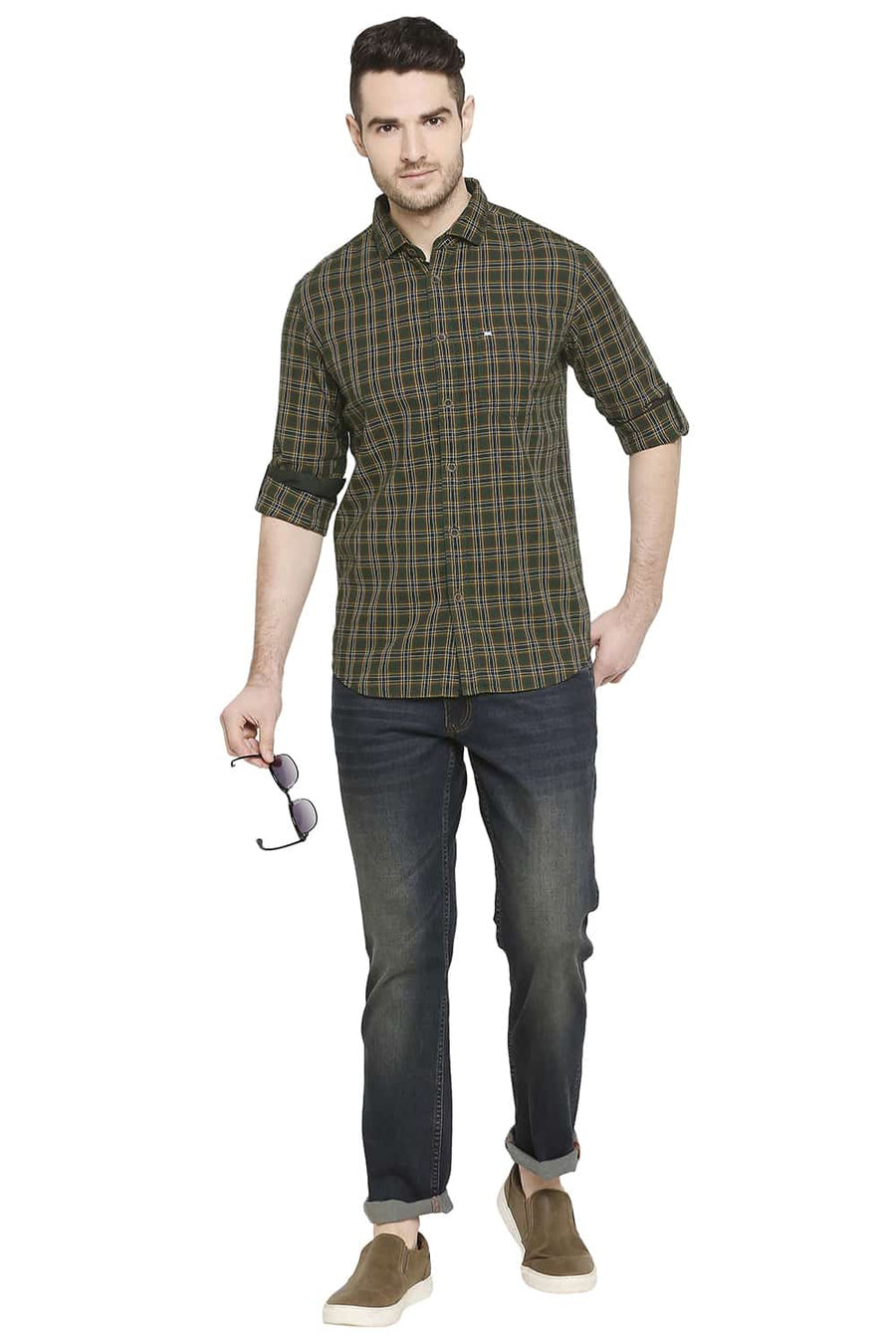 BASICS SLIM FIT PINE GREEN CHECKS SHIRT