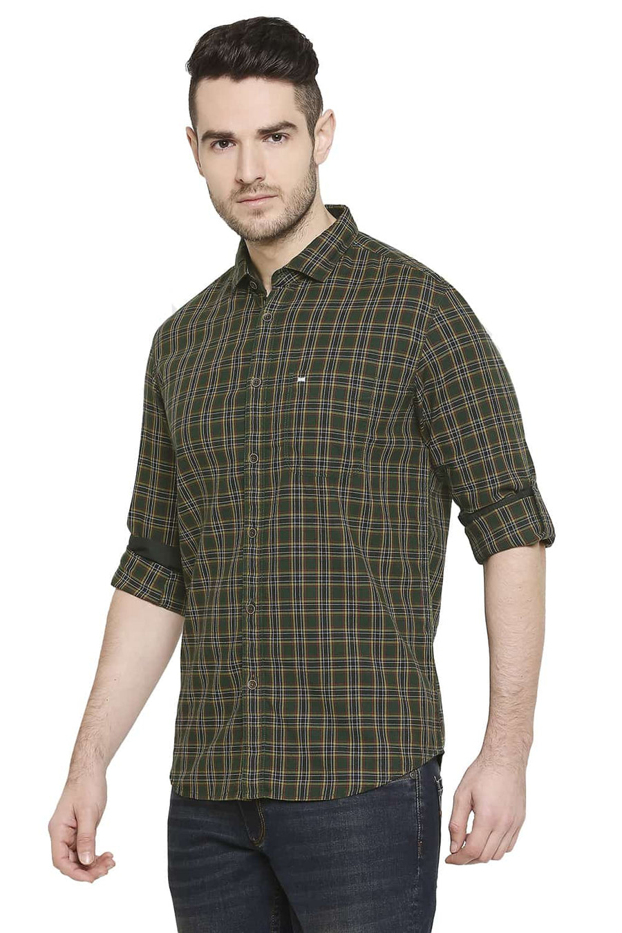 BASICS SLIM FIT PINE GREEN CHECKS SHIRT