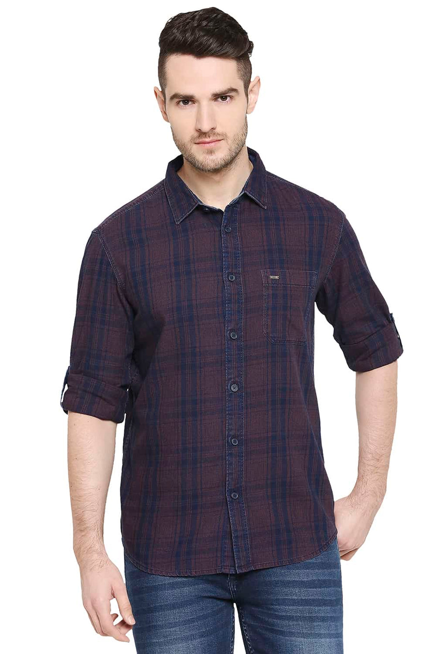 BASICS SLIM FIT VINEYARD MAROON INDIGO CHECKS SHIRT
