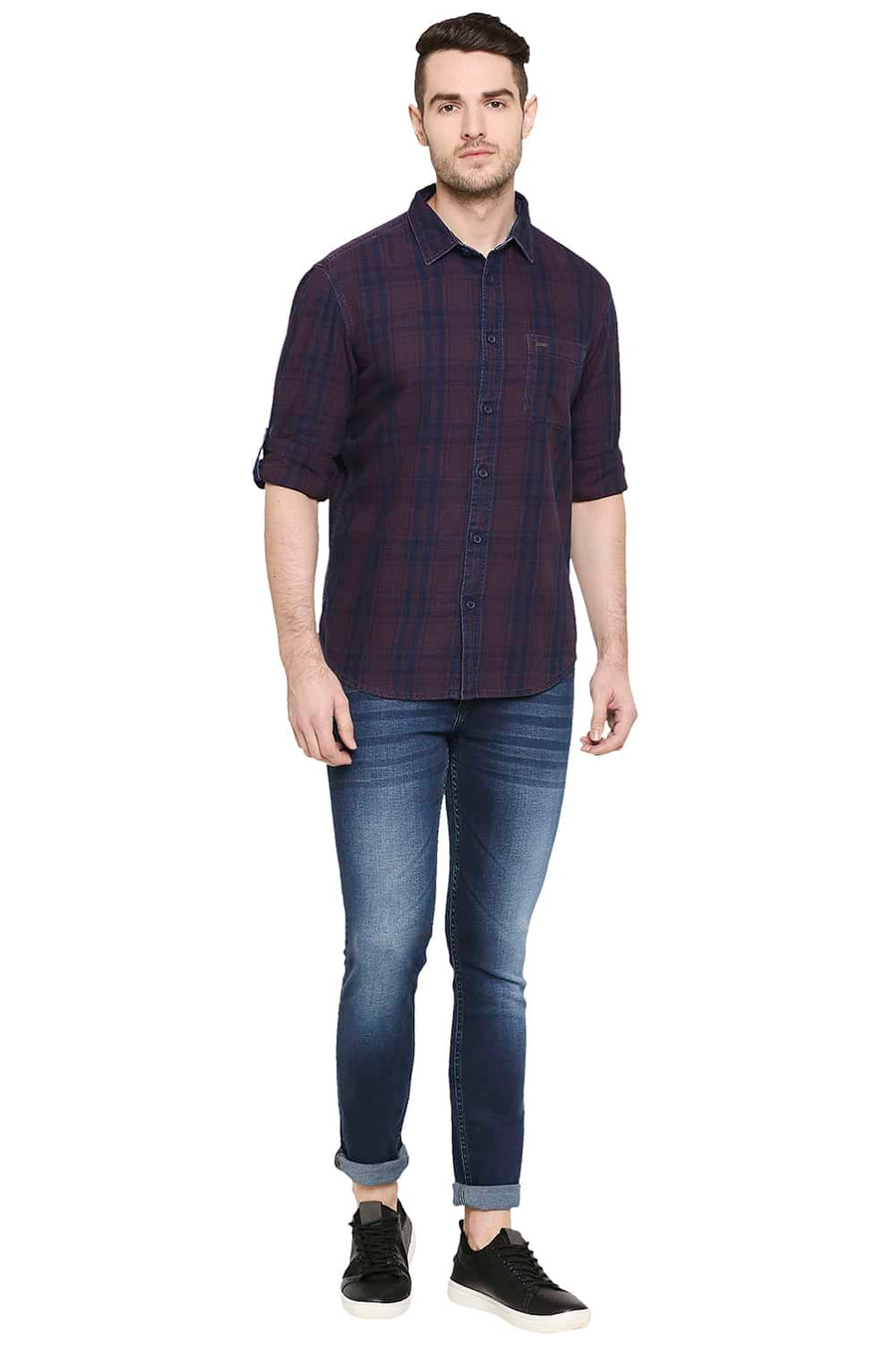 BASICS SLIM FIT VINEYARD MAROON INDIGO CHECKS SHIRT