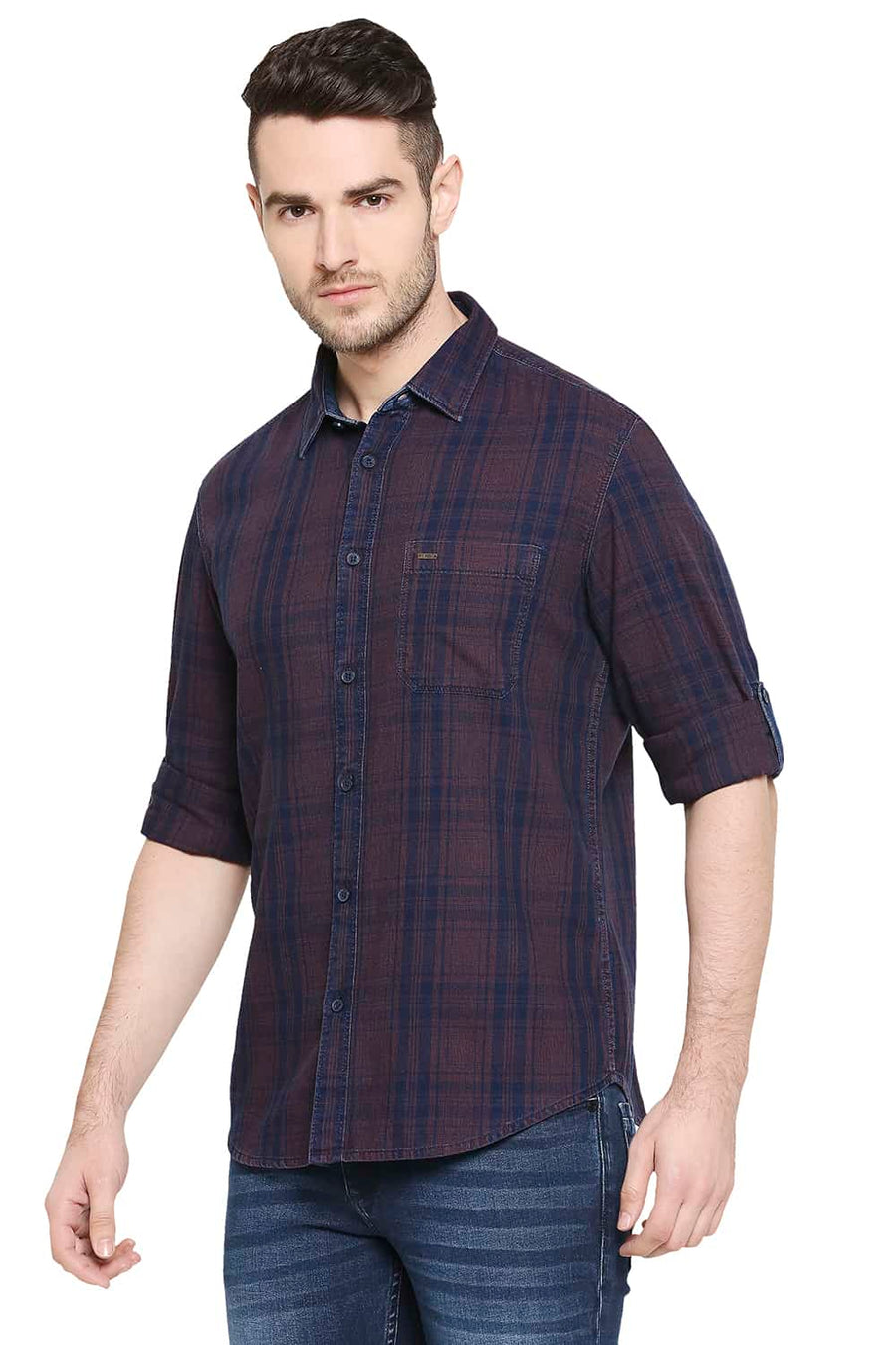 BASICS SLIM FIT VINEYARD MAROON INDIGO CHECKS SHIRT