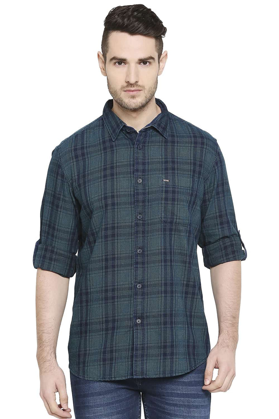 BASICS SLIM FIT OCEAN TURQUOISE INDIGO CHECKS SHIRT