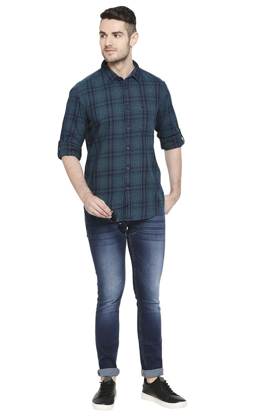 BASICS SLIM FIT OCEAN TURQUOISE INDIGO CHECKS SHIRT