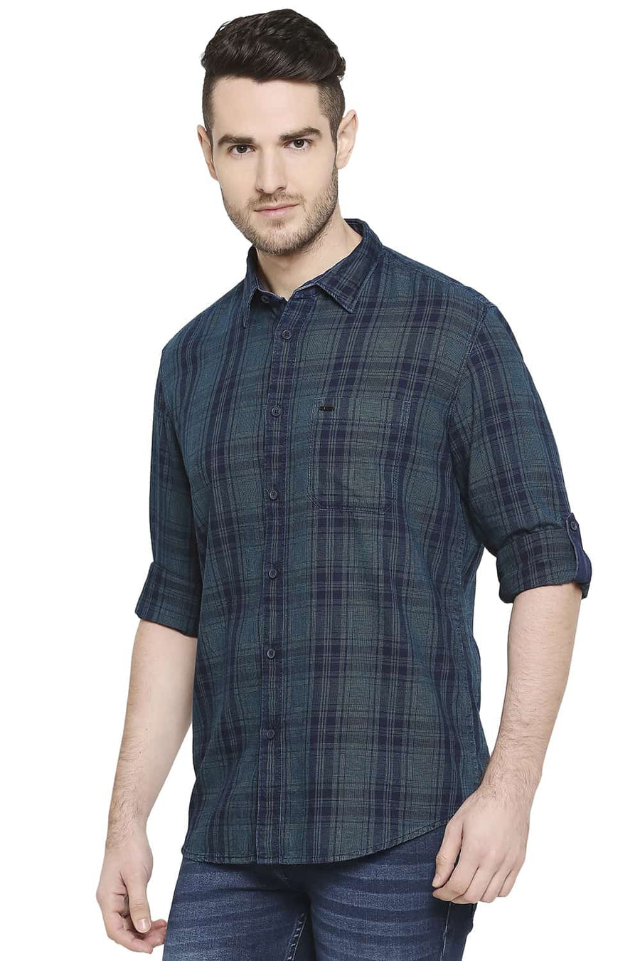 BASICS SLIM FIT OCEAN TURQUOISE INDIGO CHECKS SHIRT