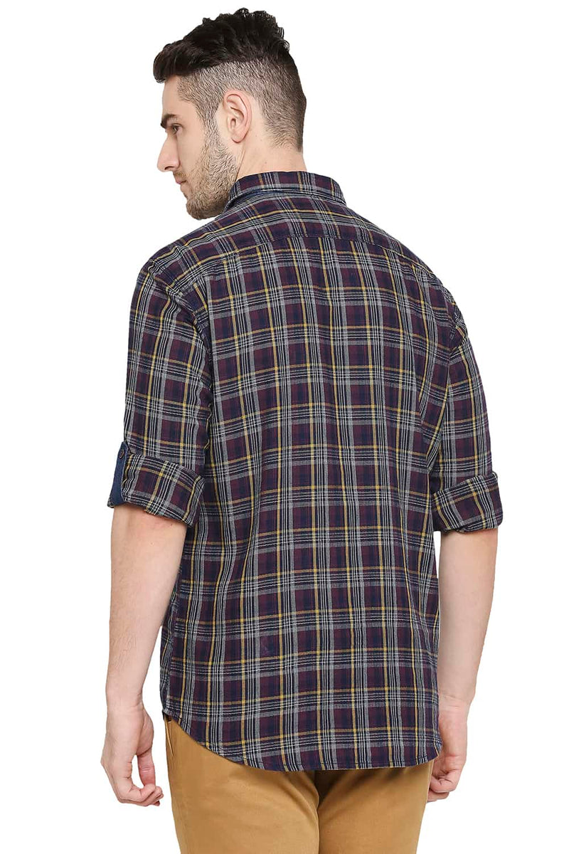 BASICS SLIM FIT INDIGO CHECKS SHIRT